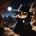 A Syrian hamster wearing a long black coat, pulling the collar over his face with his paw, an...webp